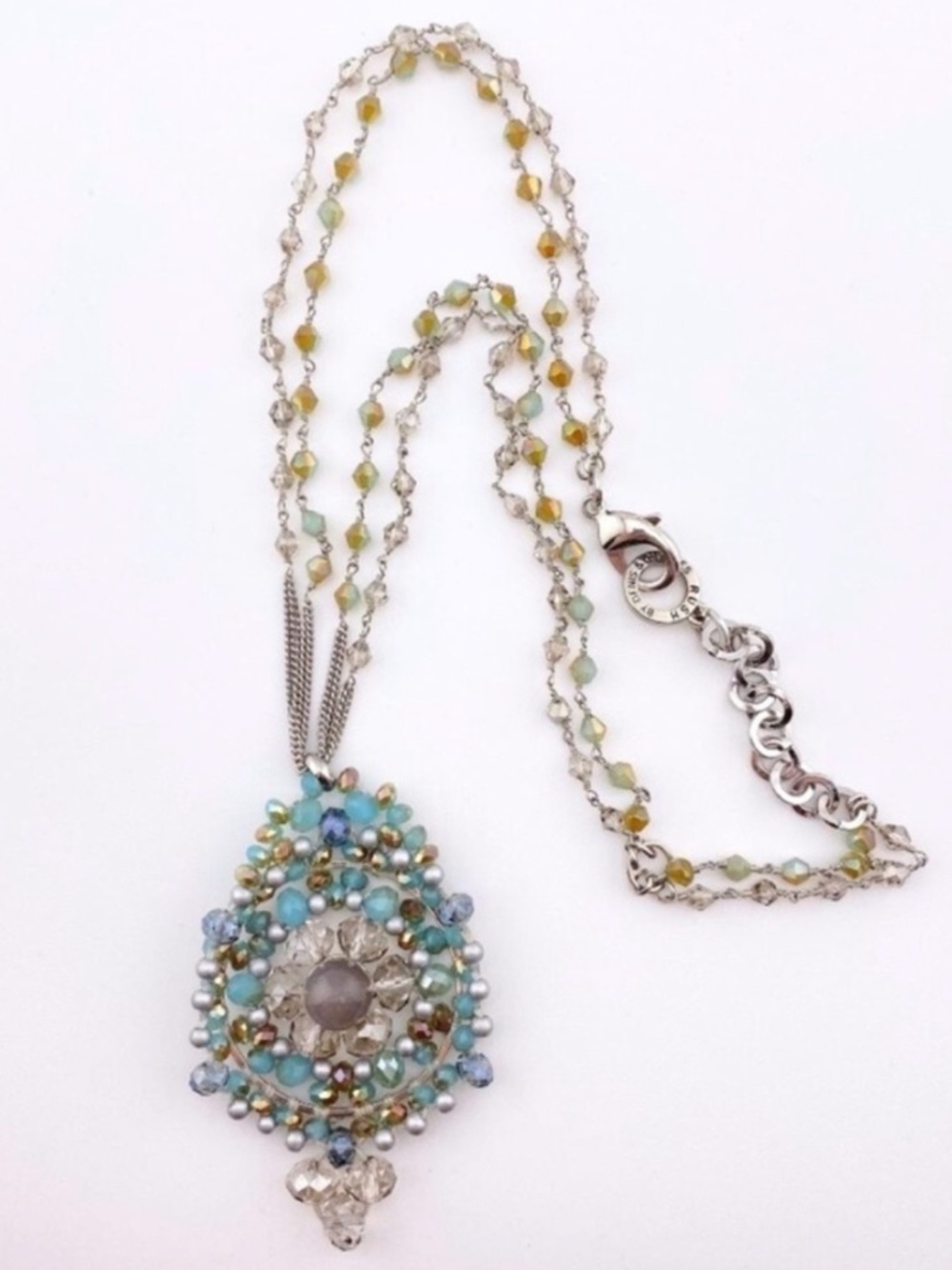 (13) Rush by Denis and Charles Beaded Teal Blue Silver Tone Necklace